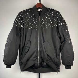 Veveret Black Glam Bomber Full Zip Jacket Pearl Rhinestone Embellishments